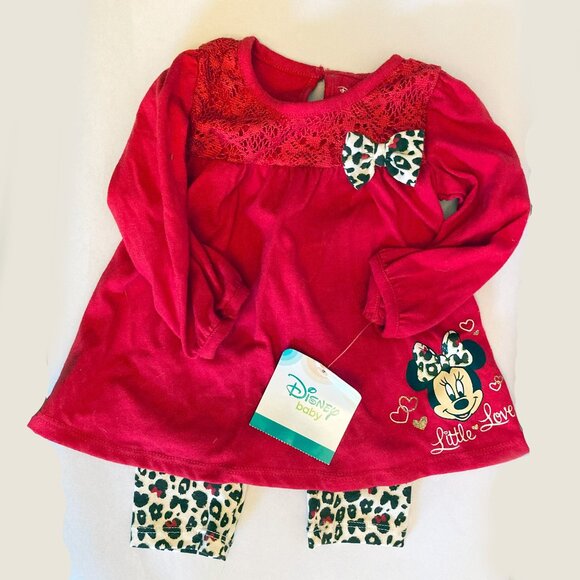 Baby Disney Minnie Mouse Outfit Animal Print Leggings Red Lace Top with Bow - Picture 1 of 7